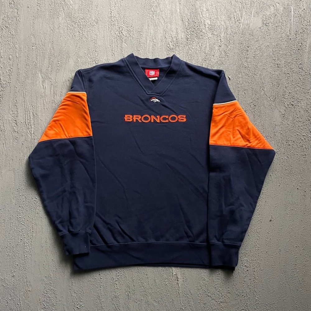 Vintage NFL Denver Broncos Sweatshirt Mens Medium Blue 90s V-Neck Pullover